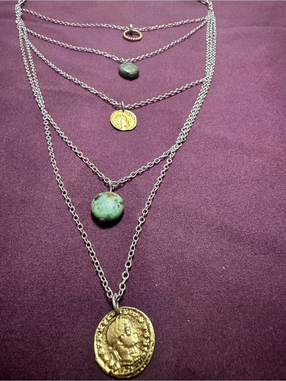 Accessorize Silver Layered Necklace with Green Stones and Gold Coins